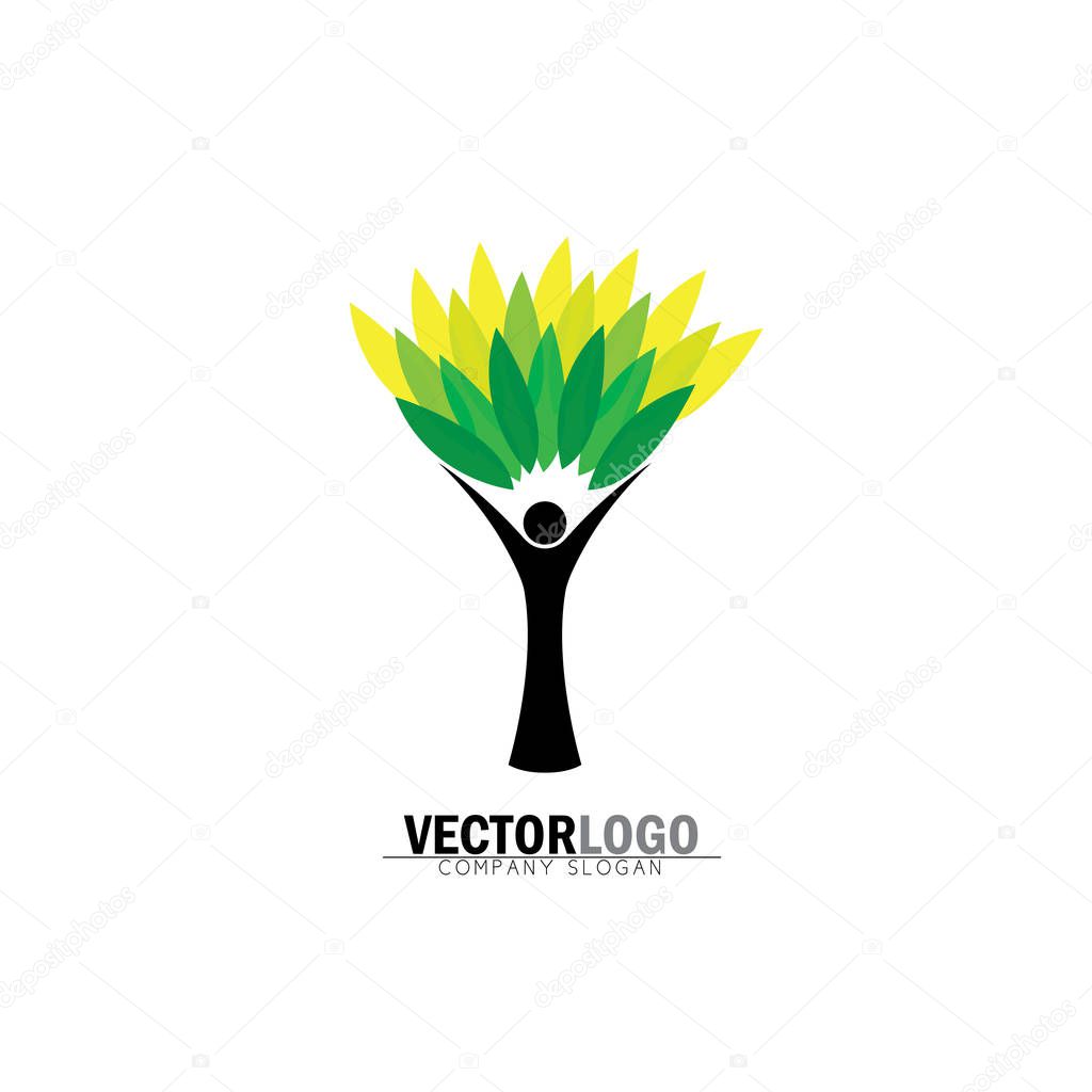 people tree icon with green leaves - eco concept vector logo