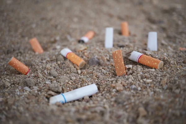 Fermer la combustion de cigarettes dans le sable gros plan . — Photo