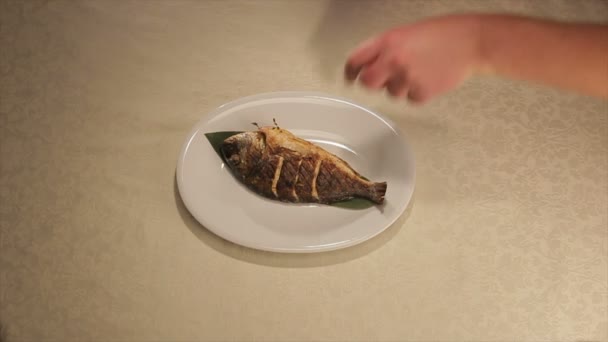 Повар кладет рыбу на тарелку Украшает овощами — стоковое видео