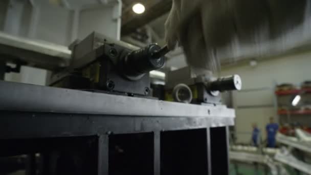 Closeup Worker Turns Around Machine-tool Handle — Stock Video