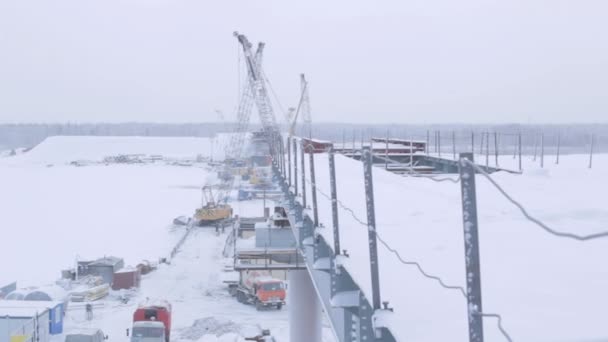 Snowy Bridge Construction Site Heavy Freight Building Machines Arctic Circle — Stock Video