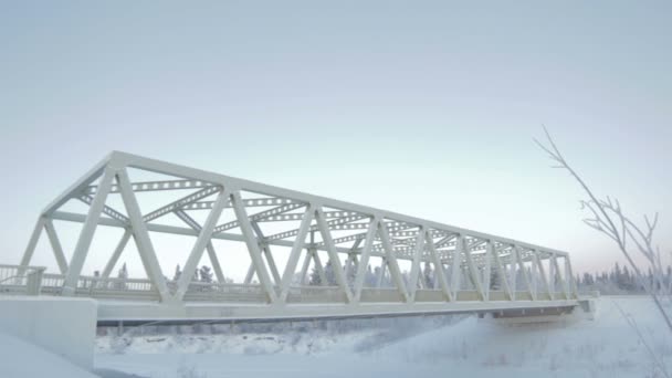 Widok Nowo Wybudowany Most Łukiem Tech Wykonane Metalowych Belek Filarów — Wideo stockowe
