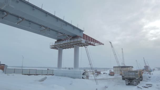 Snowy Bridge Construction Site Finished Ferroconcrete Parts High Building Cranes — 비디오