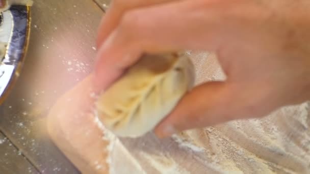 Macro Cook Hand Puts Tatar Patty Manty Wooden Board Covered — Stock Video