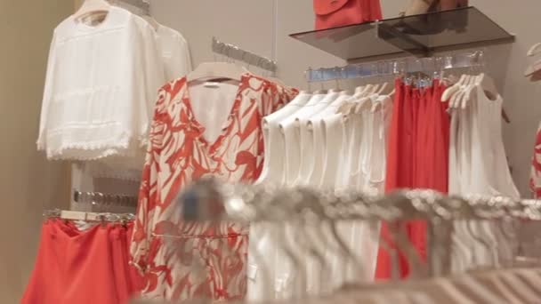 Estantes con accesorios femeninos y ropa — Vídeos de Stock