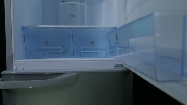 Kamera Bewegt Sich Entlang Moderner Offener Kühlschränke Mit Plastikboxen Durchsichtigen — Stockvideo