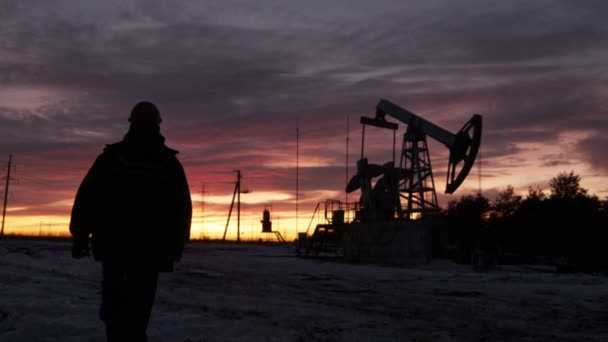 Werkkleur Silhouet Uniform Komt Tot Grote Pompoen Tussen Landschap Tegen — Stockvideo