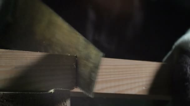 Arbetaren sågning träskiva bit — Stockvideo