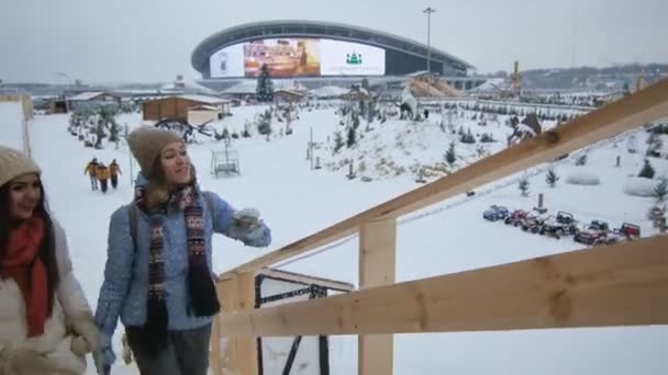 Park gedekt sneeuw met attracties — Stockvideo