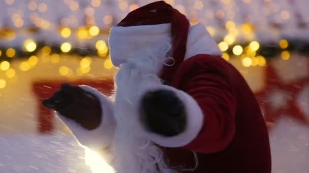 Santa Claus Long Beard Red Coat Dances Bright Lights Snow — 비디오