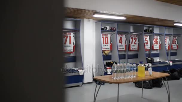 Kazan Tatarstan Russia September 12 2016 Camera Moves About Dressing Room With Hockey Jerseys Hanging On Hangers And Beverages On Table In Sport Complex On September 12 In Kazan