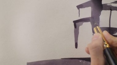 Kazan, Tataristan/Rusya - 20 Aralık 2016: Makro sanatçı 20 Aralık kazan bej kağıt üzerinde asfalt boya renk ile endüstriyel tesis resim çizmeye devam ediyor