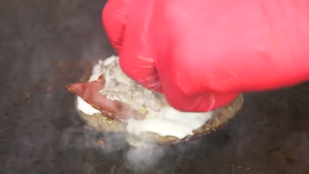 Macro Skilled Cook Gloves Lays Mushrooms Soaked Tasty Sauce Roasted — Stock Video