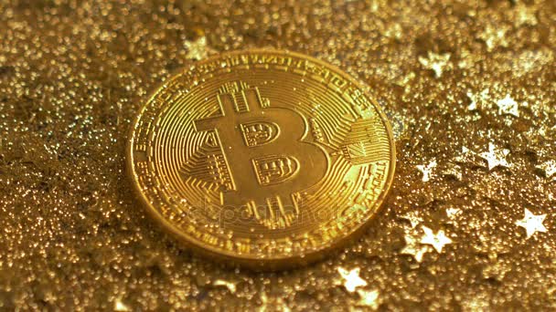 Macro Real Bitcoin Coins Created As New Generation Digital Virtual Currency Glitter Among Stars And Sparkles - 