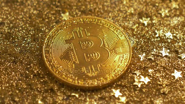 Makró Valódi Bitcoin Érmék Létre Generációs Digitális Virtuális Valuta Csillogó — Stock videók