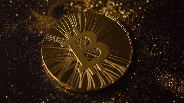 Macro Camera Shows Gold Bitcoin Real Model Falling Large Golden — Stock Video