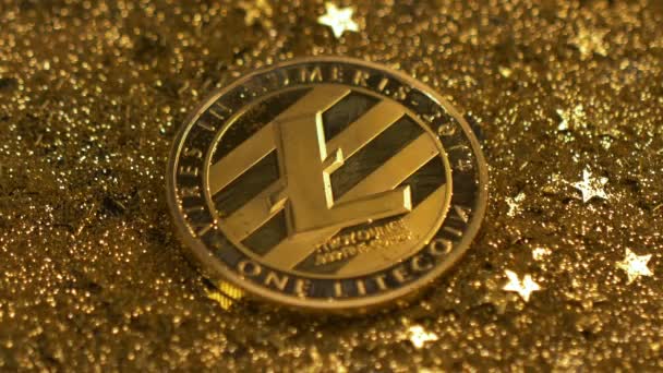 Macro Popular Oro Litecoin Modelo Real Encuentra Pila Arena Dorada — Vídeos de Stock