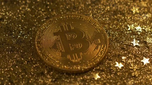 Macro Brillante Luz Reflejada Modelo Sistema Pago Mundial Bitcoin Abierto — Vídeos de Stock