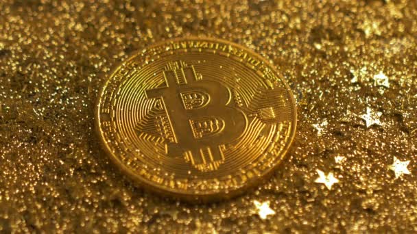 Macro Bitcoin Criado Como Criptomoeda Enviado Entre Usuários Sem Intermediários — Vídeo de Stock