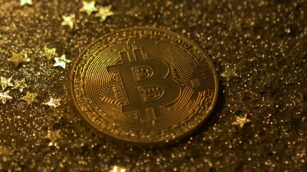 Μακροεντολή Χρυσό Κέρμα Από Διάσημο Bitcoin Σύστημα Πληρωμής Χρησιμοποιώντας Τεχνολογία — Αρχείο Βίντεο