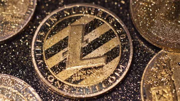 Macro Pièces Saupoudré Étincelles Créé Comme Monnaie Litecoin Utilisé Pour — Video