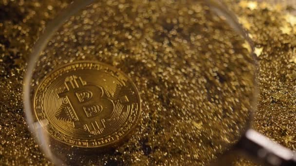 Makroflussfokus Lupe Senkt Sich Auf Wunderschönes Bitcoin Modell Das Zwischen — Stockvideo