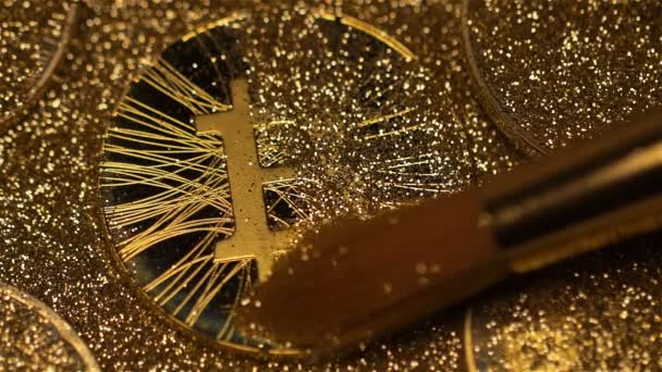 Macro Brosse Douce Nettoie Doucement Sable Doré Beau Modèle Bitcoin — Video