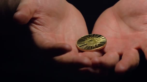 Macro Palmiers Ouverts Attraper Cher Bitcoin Litecoin Modèles Réels Tombant — Video