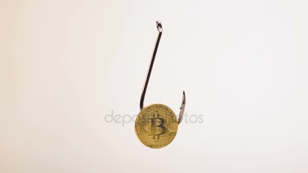 Closeup Bitcoin Golden Model Created Virtual Cryptocurrency Strung Fishing Hook — Stock Video