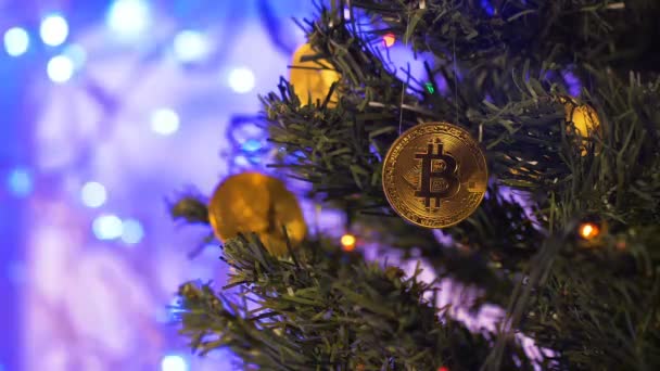 Primer Plano Maravillosa Rama Árbol Navidad Artificial Decorado Con Bitcoins — Vídeos de Stock