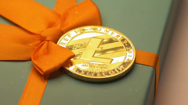 Macro Beautiful Popular Golden Litecoin Real Model Lays Shines Light — Stock Video