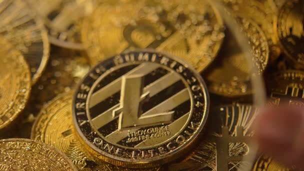マクロ拡大鏡は数学関数を用いた Bitcoin 支払いシステムのコイン増加 Litecoin モデル — ストック動画