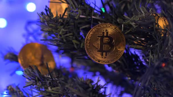 Closeup Mined Coins Made World Bitcoin Payment System Hang Christmas — Stock Video