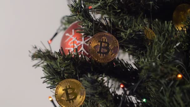 地方分権と電子財布 Bitcoin 決済システムのクローズ アップのコインが飾られたクリスマス ツリーにハングアップします — ストック動画