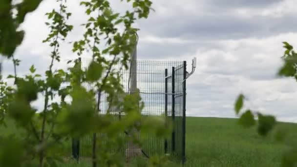 Nowoczesne Urządzenia Elektryczne Sejsmologicznych Otoczony Metalowe Siatki Wśród Zielony Łąka — Wideo stockowe