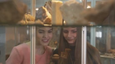 Kazan, Tataristan/Rusya - 23 Ağustos 2017: Closeup neşeli sevimli kız öğrenciler güzel mineral örnekleri gezi, raflarda 23 Ağustos kazan bakmak