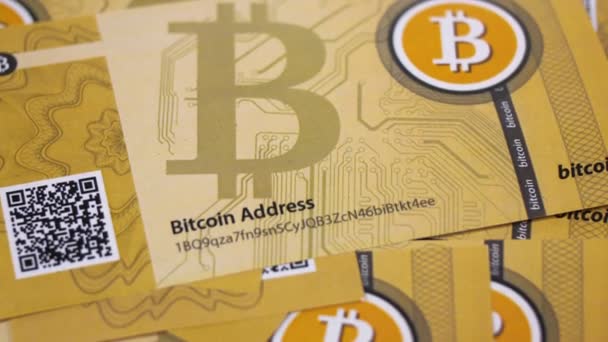 Printed Banknotes Blowing Golden Models Bitcoin Coins — Stock Video