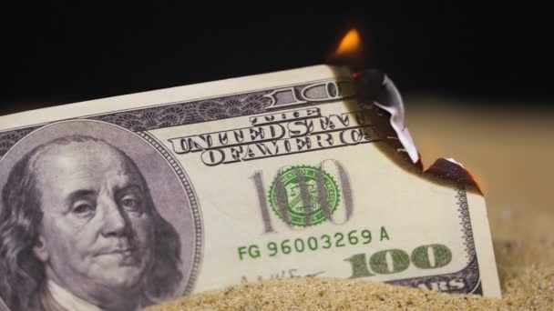 Dollar Banknote Burning Leaving Ash Sand — Stock Video