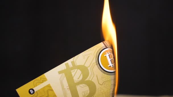 Bitcoin Banknote Burning Leaving Ash Sand — Stock Video