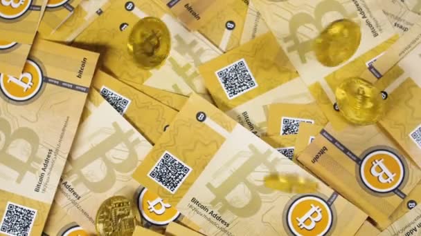 紙幣の山の上に落ちて Litecoin および Bitcoin のコイン モデル — ストック動画