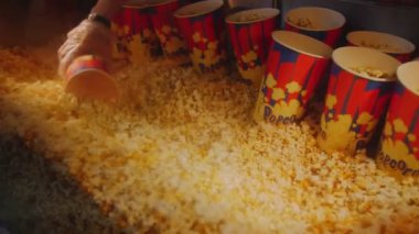 Birisi ağır çekimde kovayı taze patlamış mısırla doldurur.