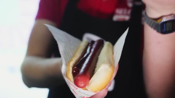 Uomo tiene hotdog con salsiccia aggiungendo senape primo piano — Video Stock