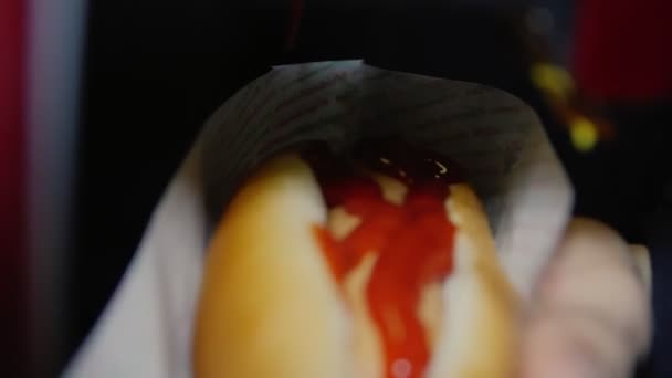 Persoon schenkt ketchup en mosterd op hotdog in cafe closeup — Stockvideo