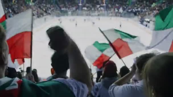 Fãs de esportes apoiar a equipe de hóquei acenando bandeiras coloridas — Vídeo de Stock