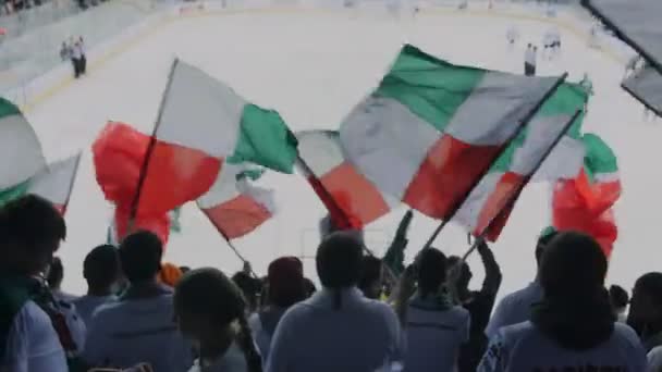 Болельщики поддерживают хоккейную команду, размахивая флагами на зрительских местах — стоковое видео