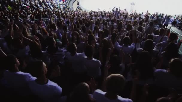 Hokejoví fanoušci tleskat ruce podpůrný tým na diváckých sedadlech — Stock video
