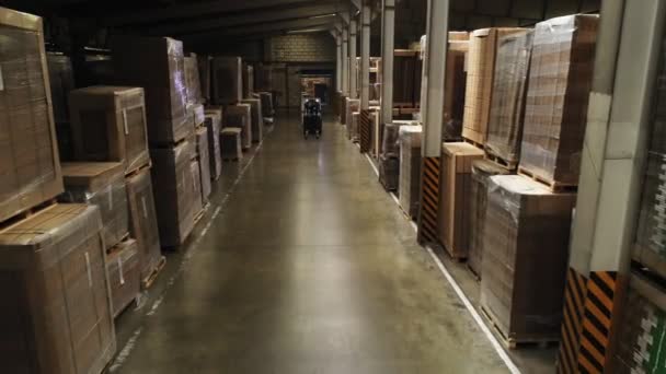 Werknemer rijdt heftruck lader langs magazijn met papier — Stockvideo
