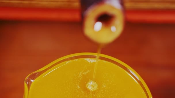 Piniový olej teče do skleněné kádinky z extraktorového makra — Stock video