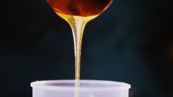 Golden honey from wooden spoon pours slow motion closeup — Stock Video