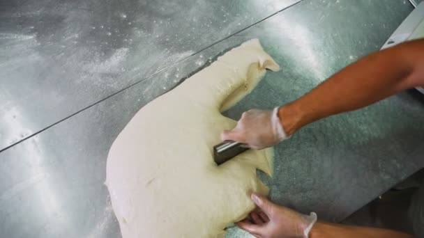 Padeiro cortar massa na mesa de metal na oficina câmera lenta — Vídeo de Stock